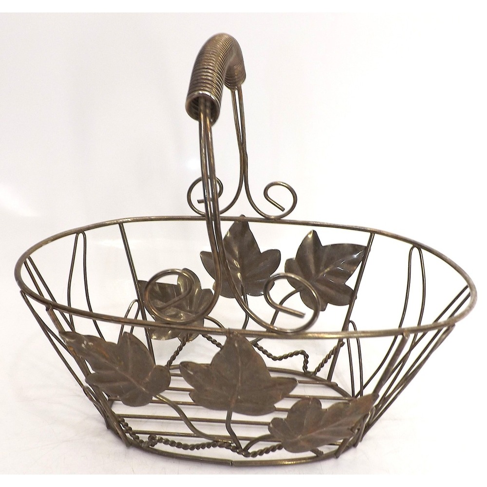 Heavy Wire Metal Grape Leaf Handle Fruit Egg Decorative Basket - 9 x 5 x4" deep